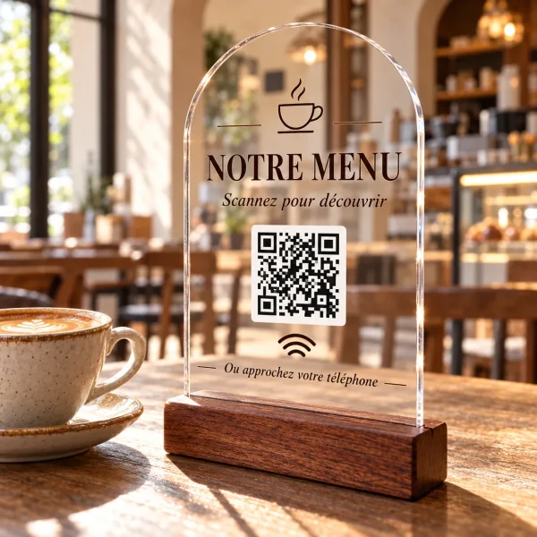 Chevalet de table en acrylique transparent sur socle en bois avec QR code et zone NFC pour consulter le menu d'un café