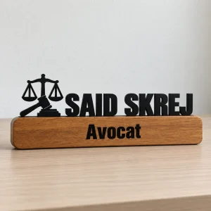 Plaque de bureau personnalisée pour avocat au Maroc : nom découpé en relief, balance de la justice et socle en bois gravé « Avocat »