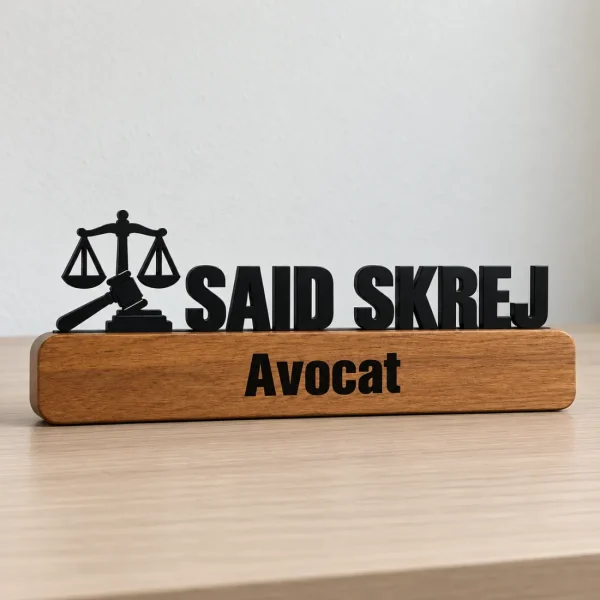 Plaque de bureau personnalisée pour avocat au Maroc : nom découpé en relief, balance de la justice et socle en bois gravé « Avocat »