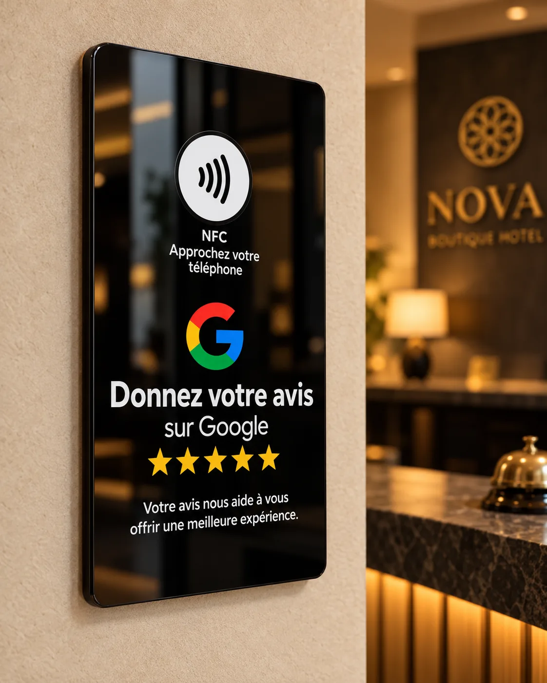 Plaque NFC Donnez votre avis sur Google en acrylique noir fixée au mur de l'accueil d'un hôtel