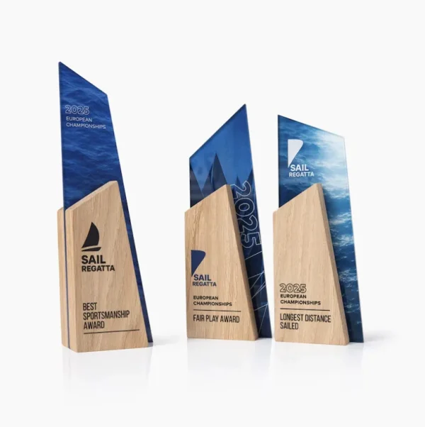 Trophées personnalisés en bois de chêne et acrylique imprimé